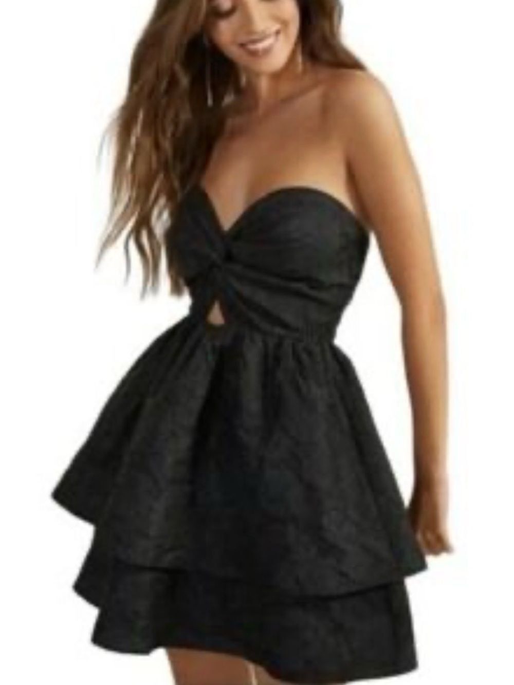 NWT Altar'd State Black Strapless Floral Jacquard Tiered Mini Dress Size M Twist